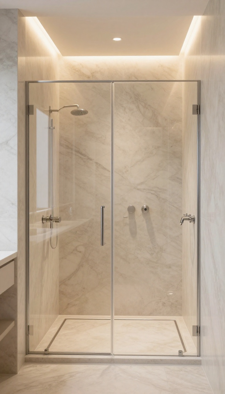 Luxurious walk-in shower with polished mirrored onyx walls, reflecting light to make the space feel larger.