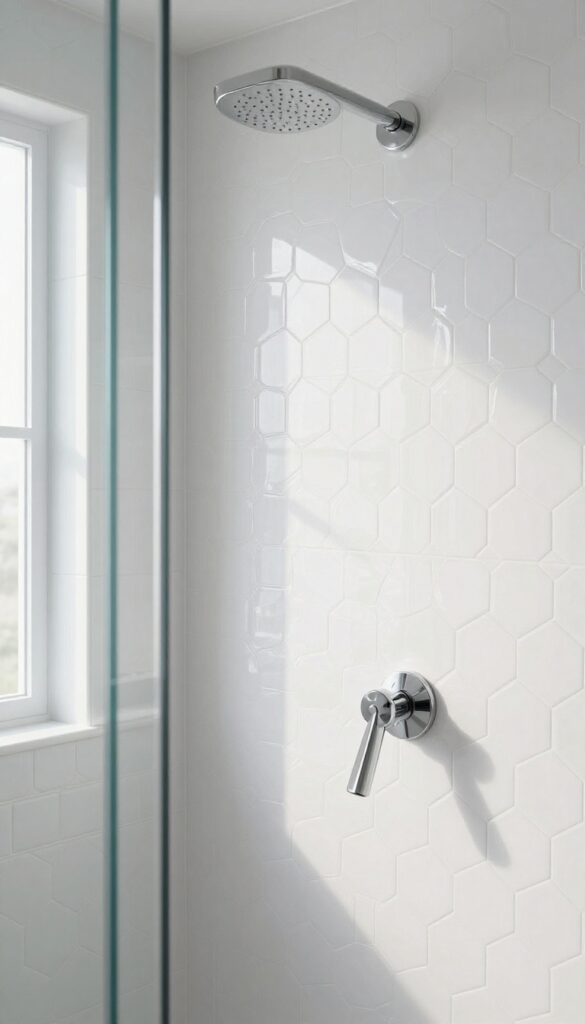 Modern shower wall with glossy white hexagon tiles in a honeycomb pattern, reflecting light and creating a bright, clean space.