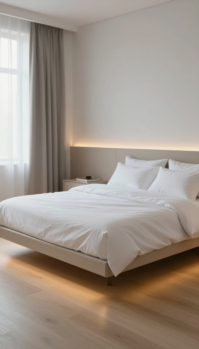 Modern platform bed glowing with hidden under-bed LED strip lighting that makes the bed appear to float above the floor