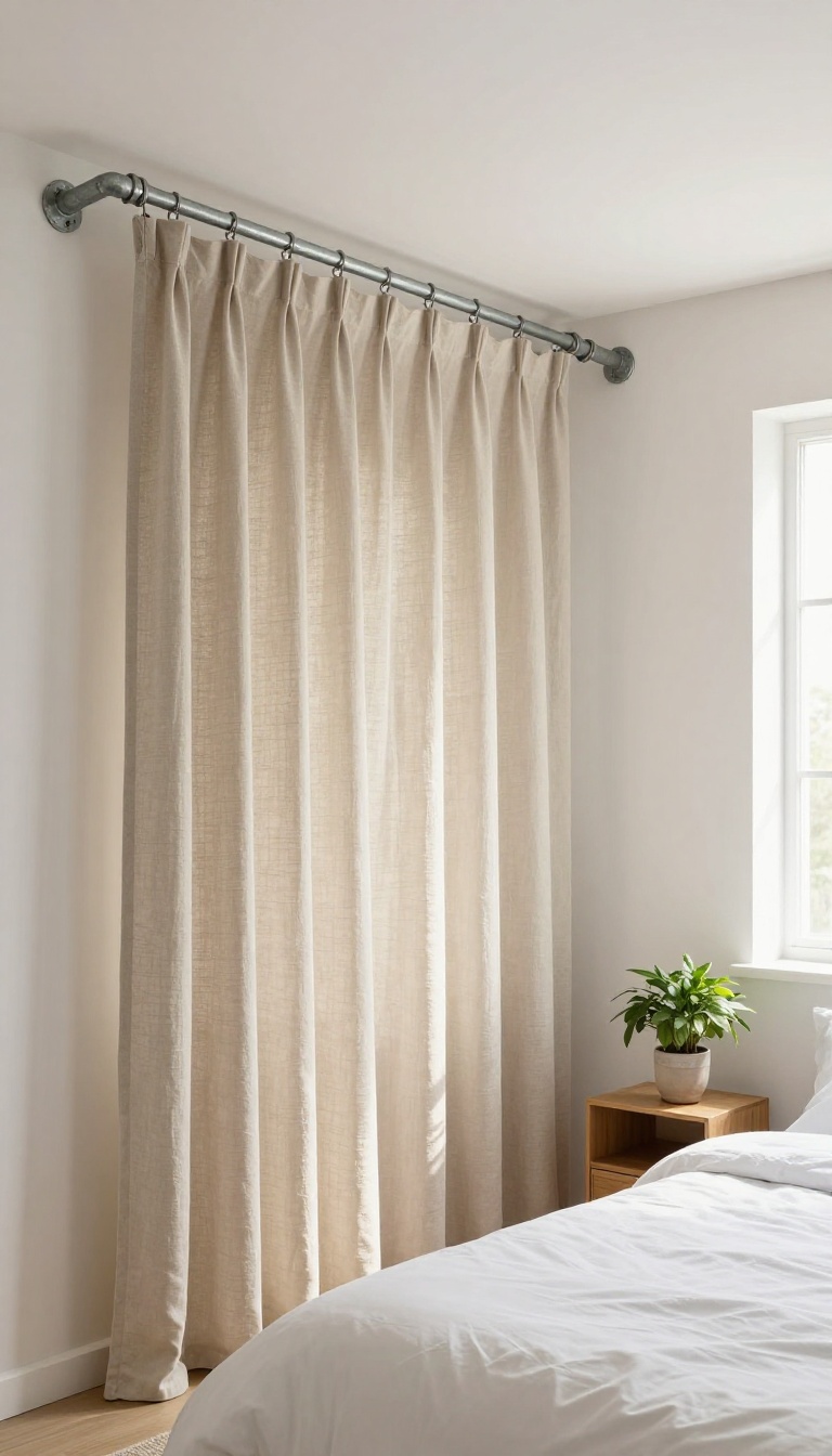 DIY pipe and drape divider with galvanized pipes and a linen curtain in a bright bedroom, creating a stylish private zone.