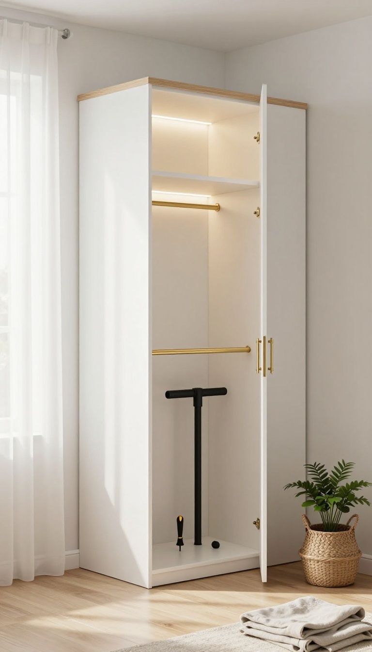 Bright bedroom with an upgraded flat-pack wardrobe featuring brass handles, painted trim, and warm interior LED lighting with DIY tools nearby