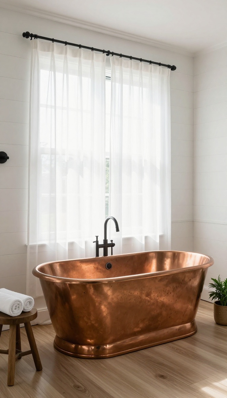 Freestanding copper bathtub in a bright modern farmhouse bathroom with white shiplap walls and natural light