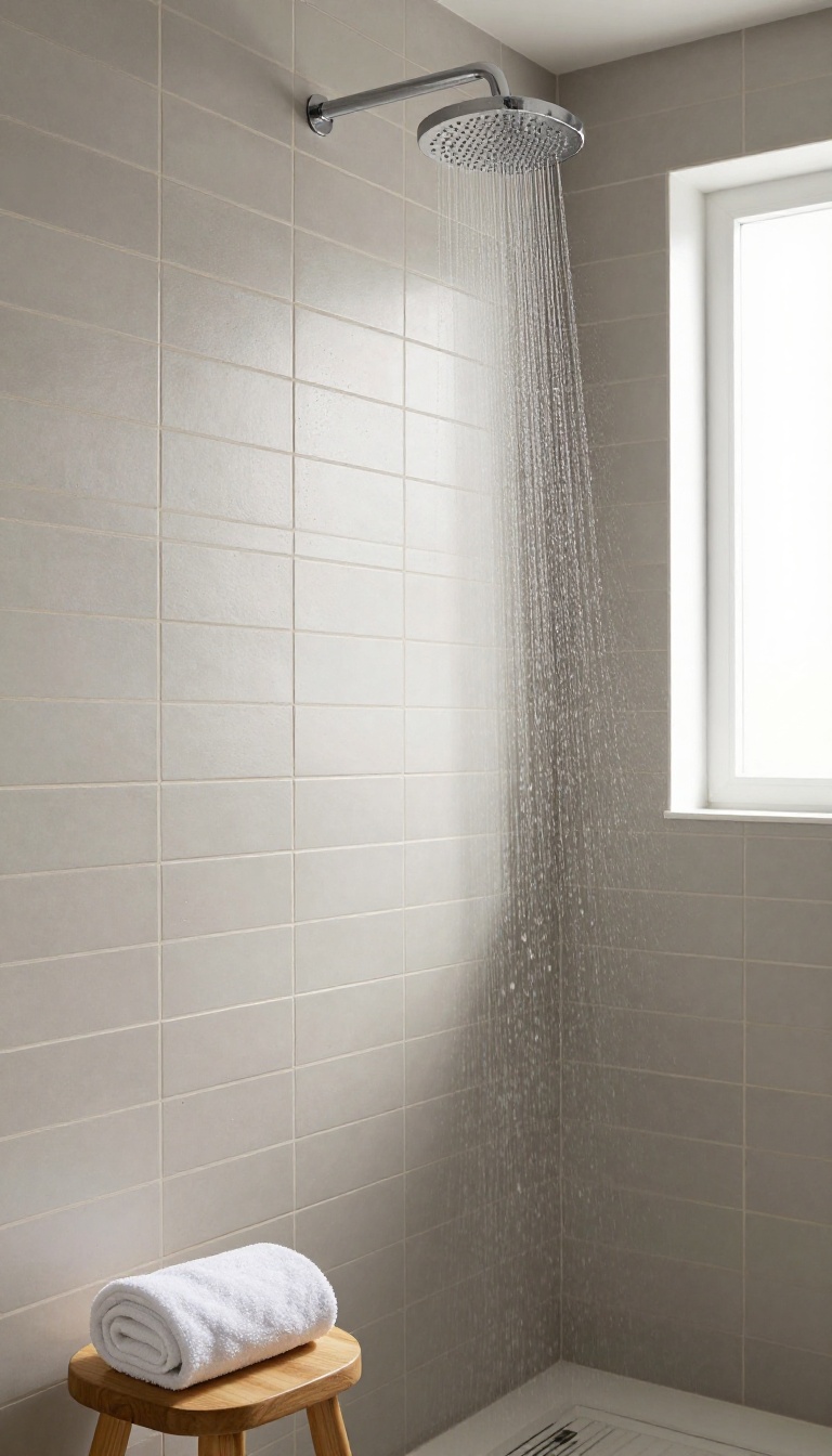 Modern shower with stacked vertical gray subway tiles creating a tall, open look in bright natural light