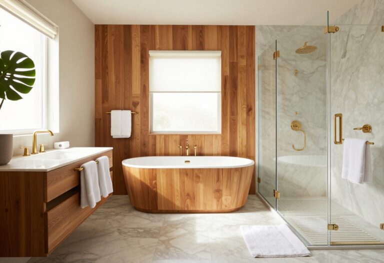 Warm and inviting bathroom with a freestanding tub, wood details, and soft lighting