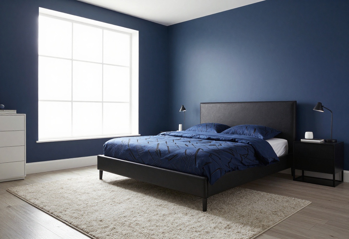 Modern bedroom with navy blue accent wall, black bed, and blue bedding.