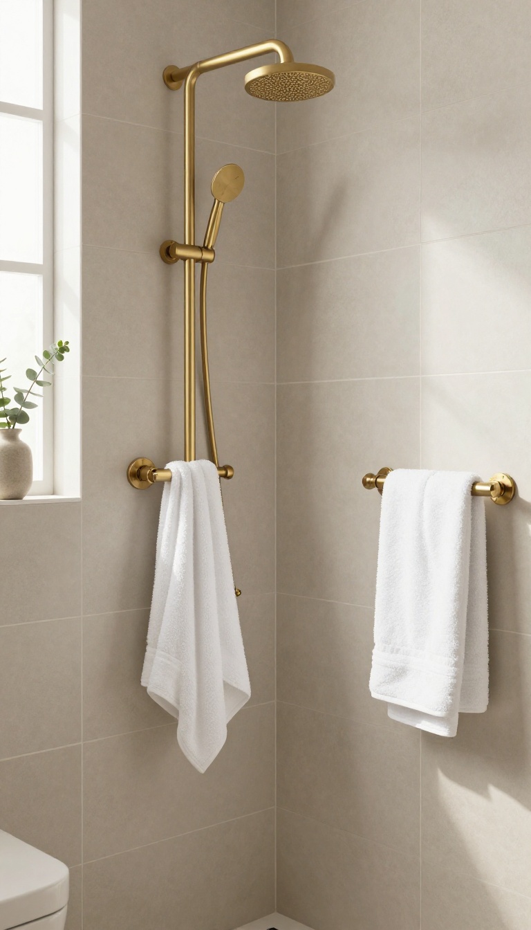 Warm greige shower tile with matte finish, brass fixtures, and soft natural light in a cozy bathroom