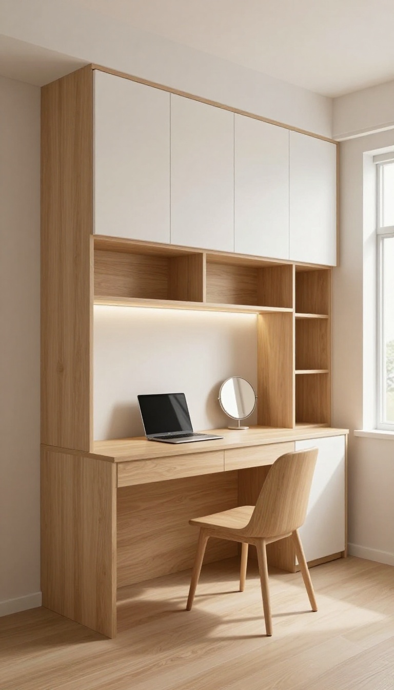 Built-in desk nook integrated into a bright bedroom wardrobe with under-shelf lighting and a tucked-in chair