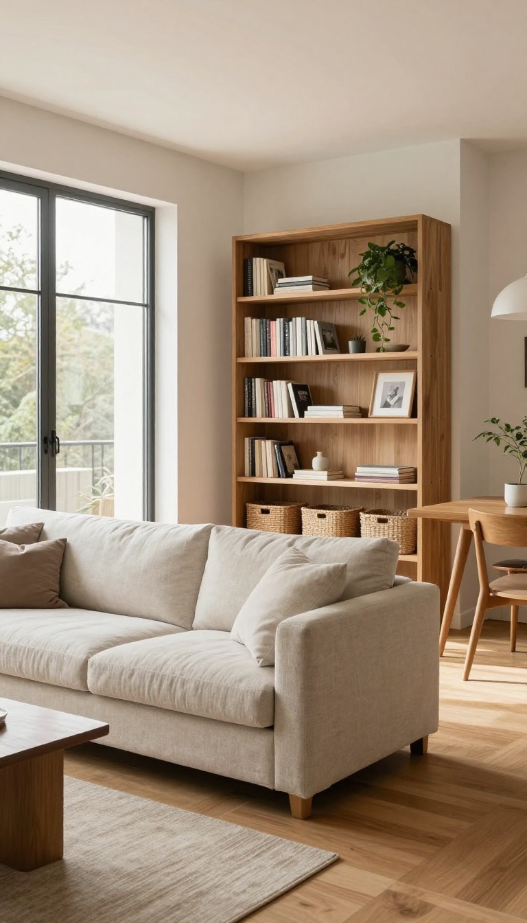 Slender open-back bookcase dividing a bright open concept living room from the dining area, styled with books, plants, and baskets