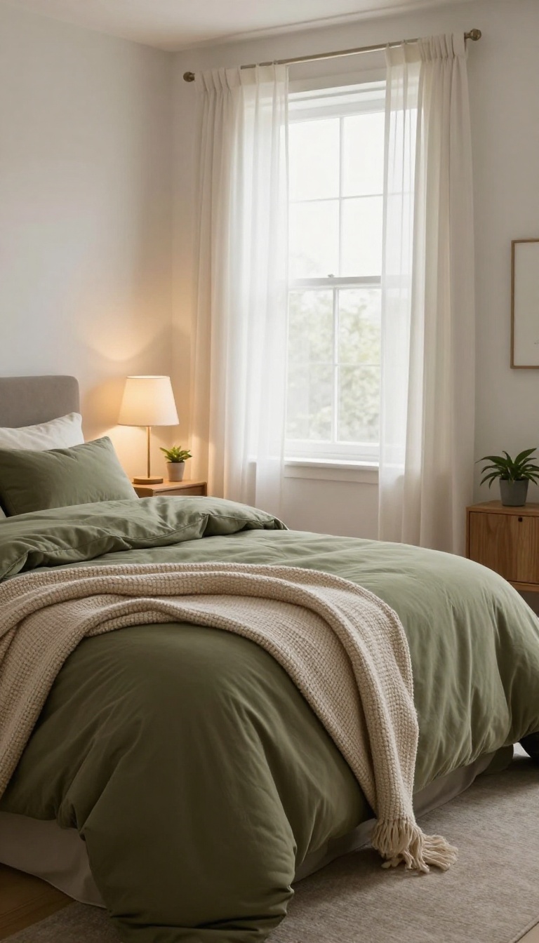 Cozy bedroom with olive green comforter and layered cream and blush pillows in warm natural light