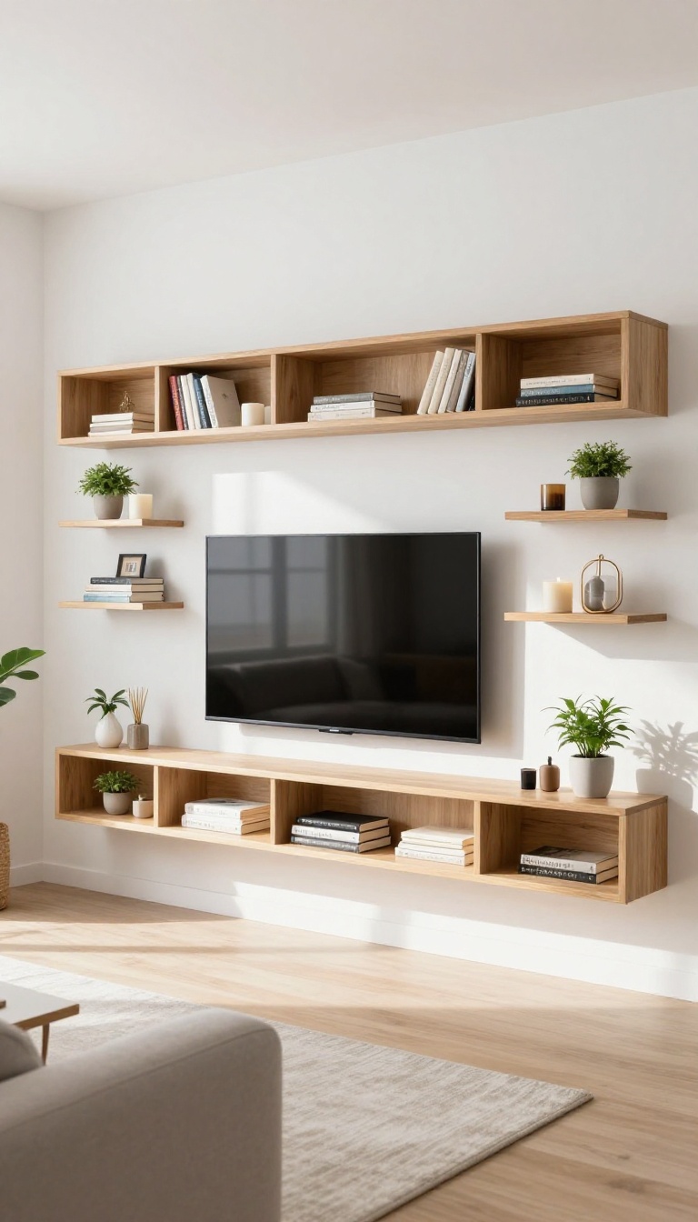 Symmetrical floating shelves on both sides of a wall-mounted TV in a bright living room, styled with books, plants, and decor