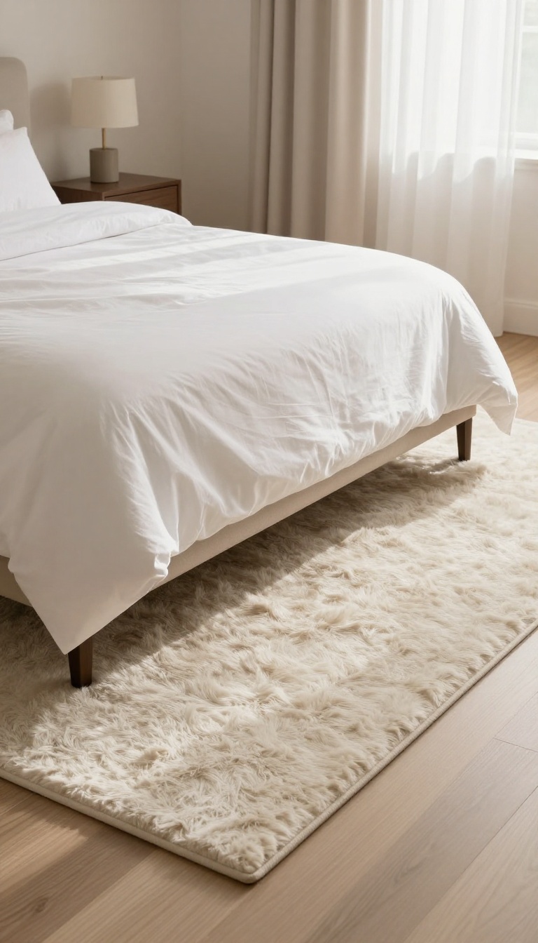 Plush wool and silk blend area rug extending beyond a king bed in a bright luxury bedroom with hardwood floors