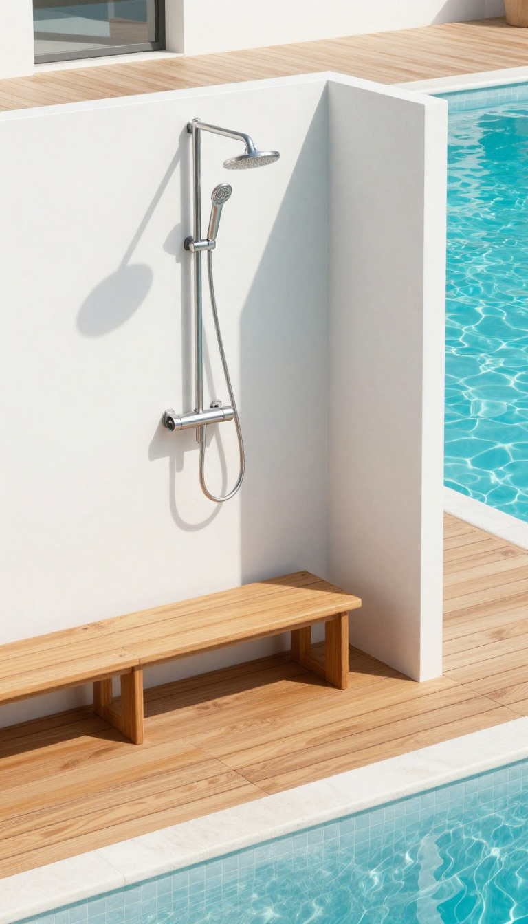 Outdoor pool shower with teak flooring, stainless steel fixtures, and aluminum privacy screen in bright sunlight