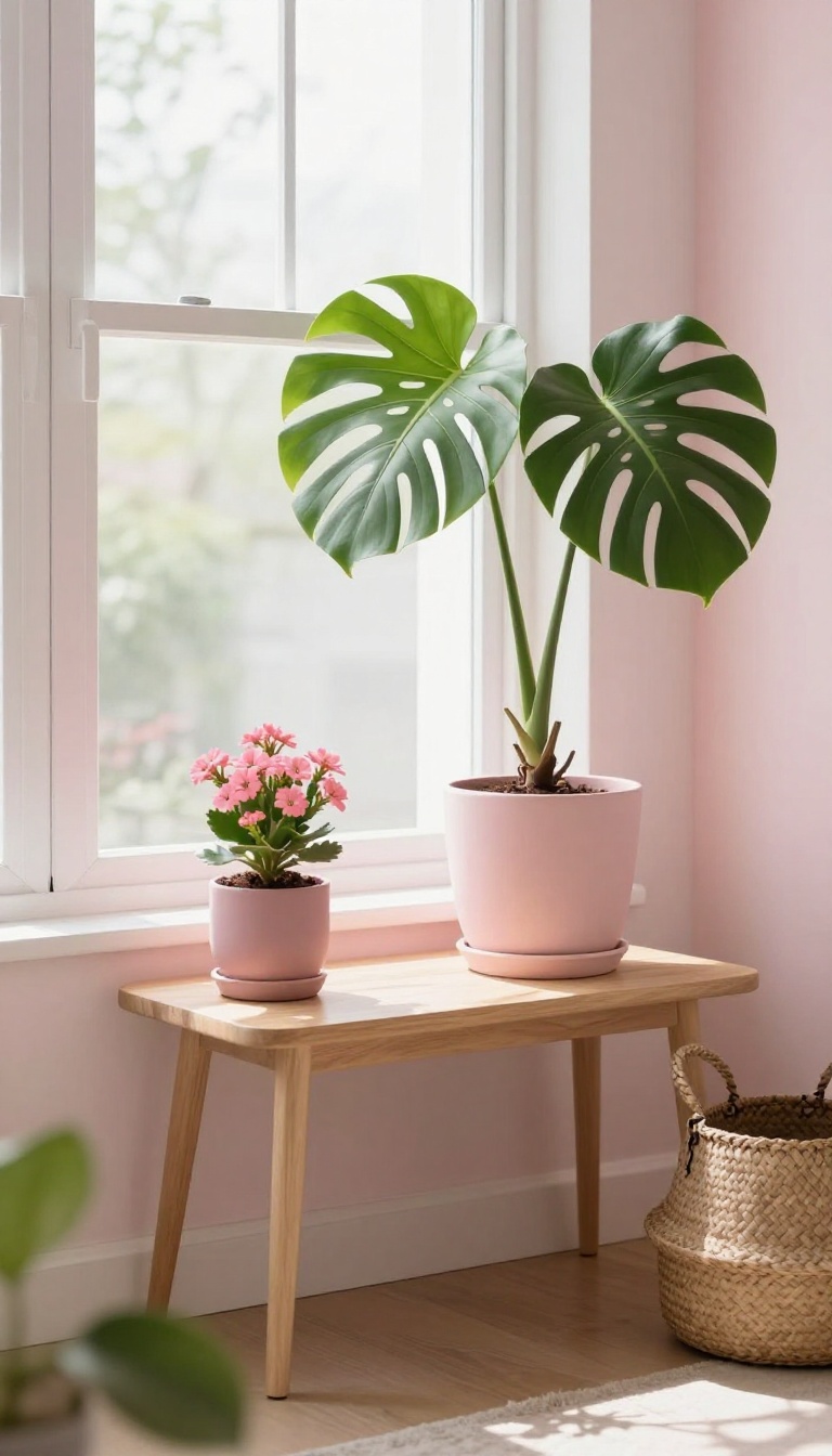 Cozy apartment living room corner with a monstera in a blush pink ceramic pot on a wooden side table and a pink flowering kalanchoe on the windowsill in bright natural light