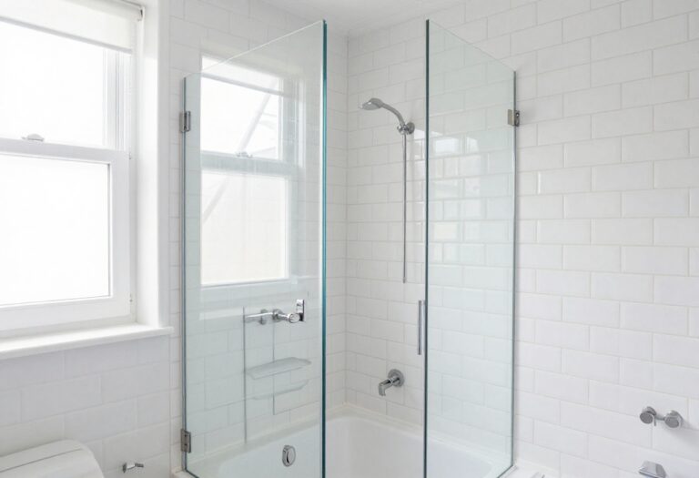 Modern bathtub shower with white subway tile and glass screen