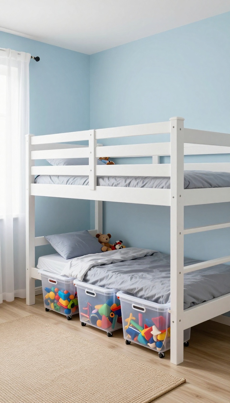 Shared kids bedroom with a loft bed and rolling under-bed storage bins on wheels, one clear with toys and one fabric bin, in bright natural light