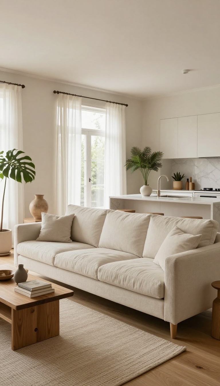 Light sofa floated in the middle of a bright open-plan living room with a console table behind it and a kitchen island in the background