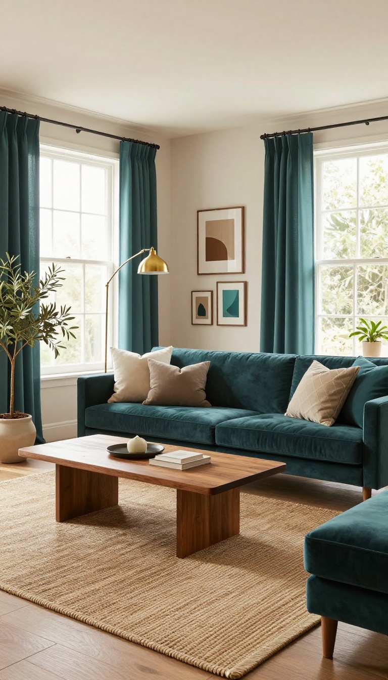 Bright living room with warm tan walls, a dark teal velvet sofa, brown wood coffee table, and teal curtains in natural daylight