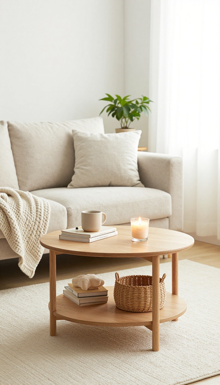 Cozy small living room with a round light wood coffee table with a lower shelf styled with a candle, mug, books, and basket on a cream rug