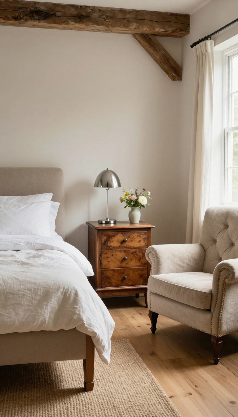 English cottage bedroom mixing an antique wooden nightstand and tufted chair with a modern lamp and linen headboard in bright natural light