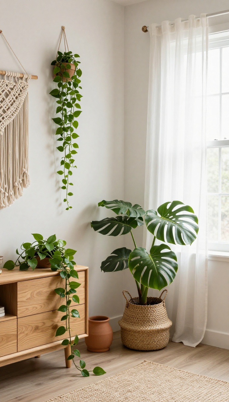 Bright boho bedroom corner with a large monstera and rubber tree in woven baskets, a trailing pothos on a wooden dresser, and layered macrame, knit, and jute textures in natural light