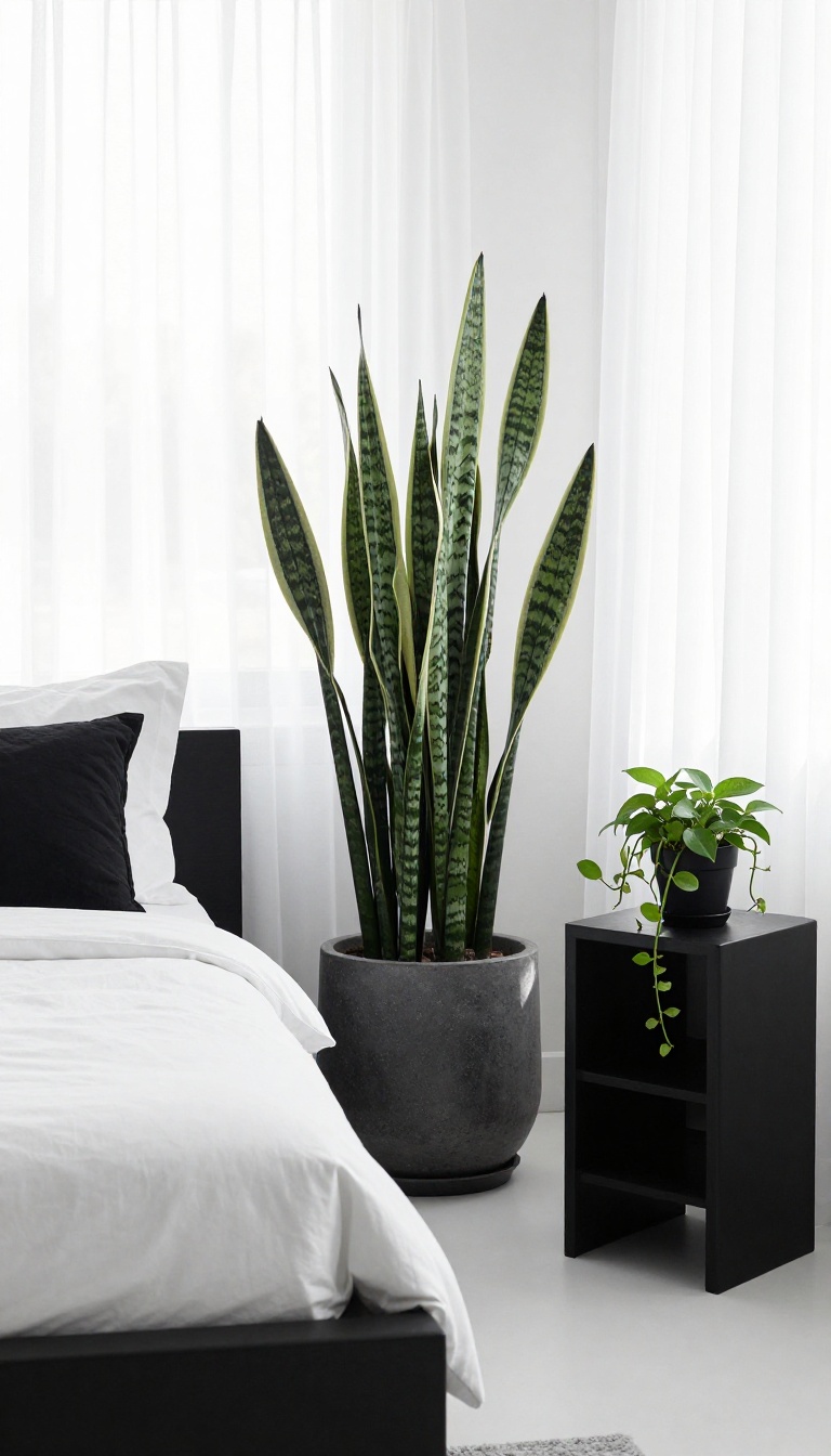 Bright black and white minimalist bedroom with a tall snake plant and trailing pothos adding pops of green against monochrome decor