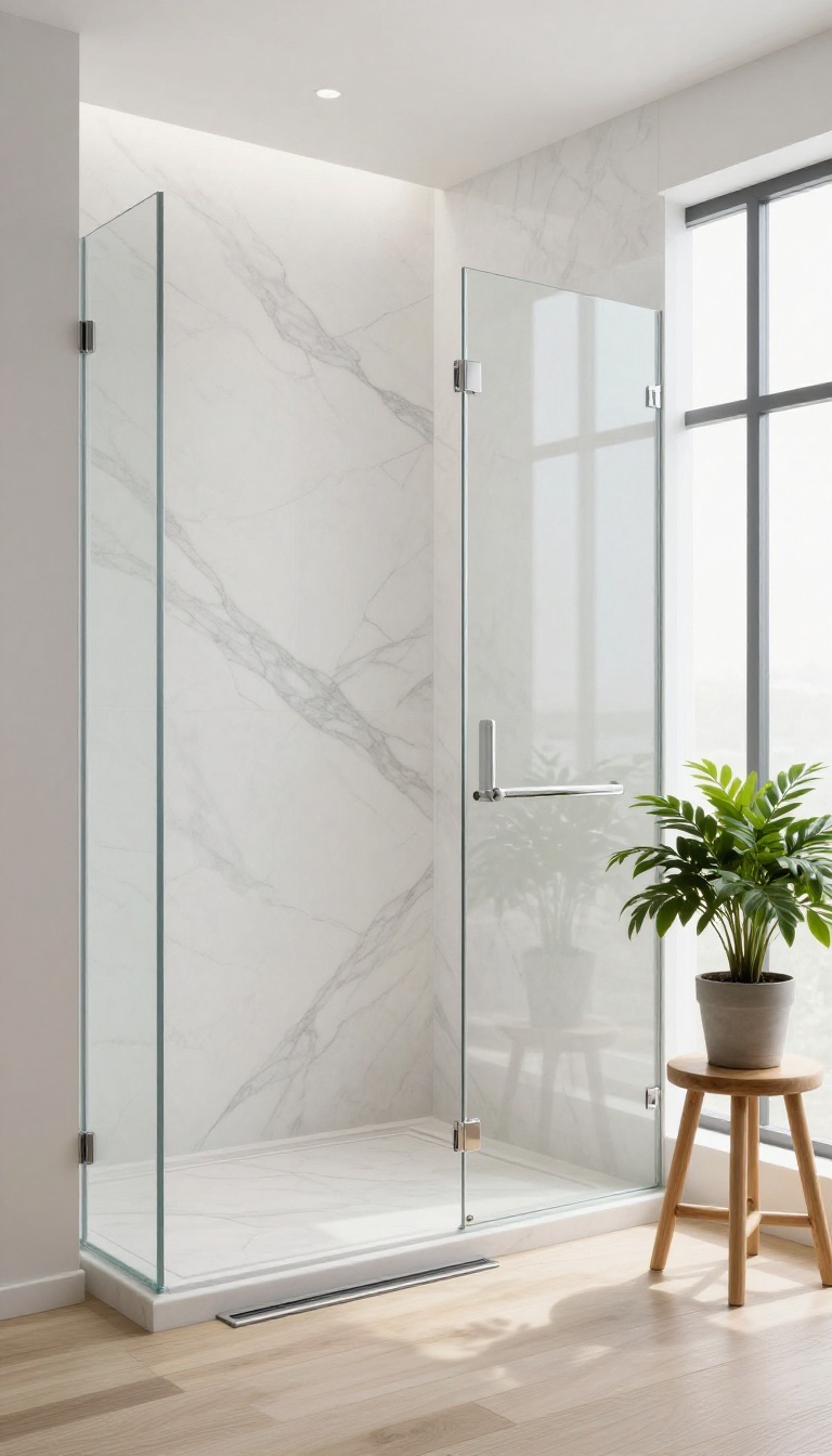 Bright modern walk-in shower with floor-to-ceiling white marble slab walls and a linear drain