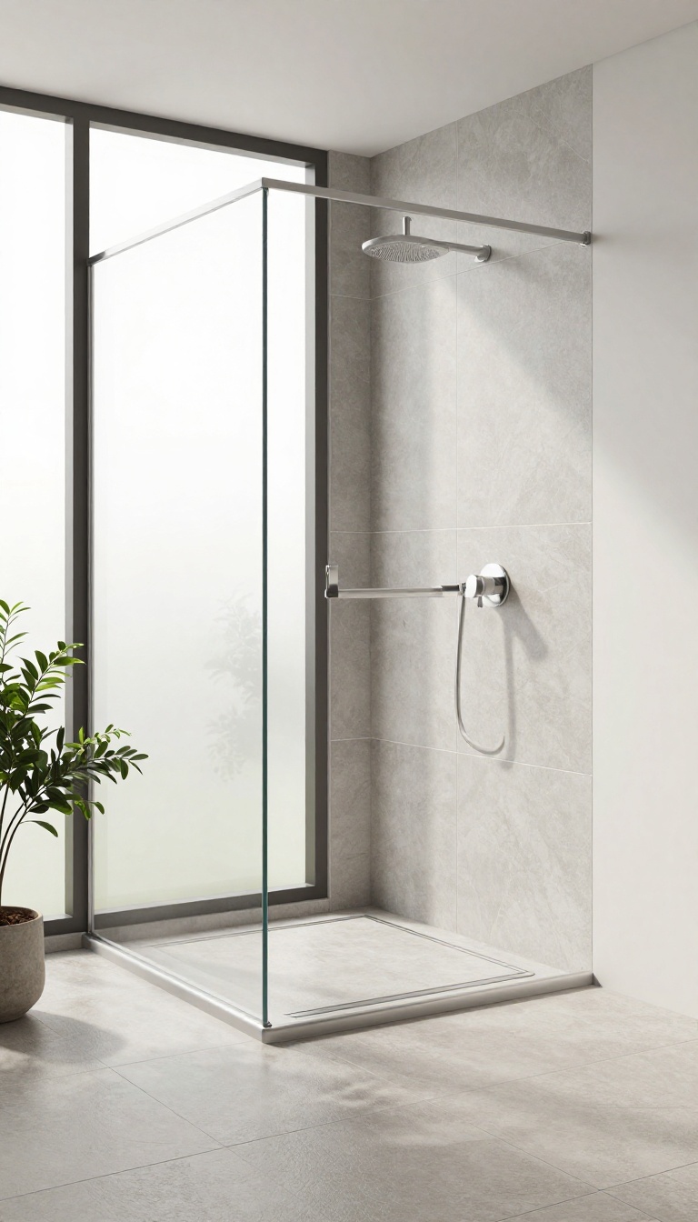 Modern small shower with curbless design and linear drain, featuring large-format light gray tiles and a glass partition in bright natural light.