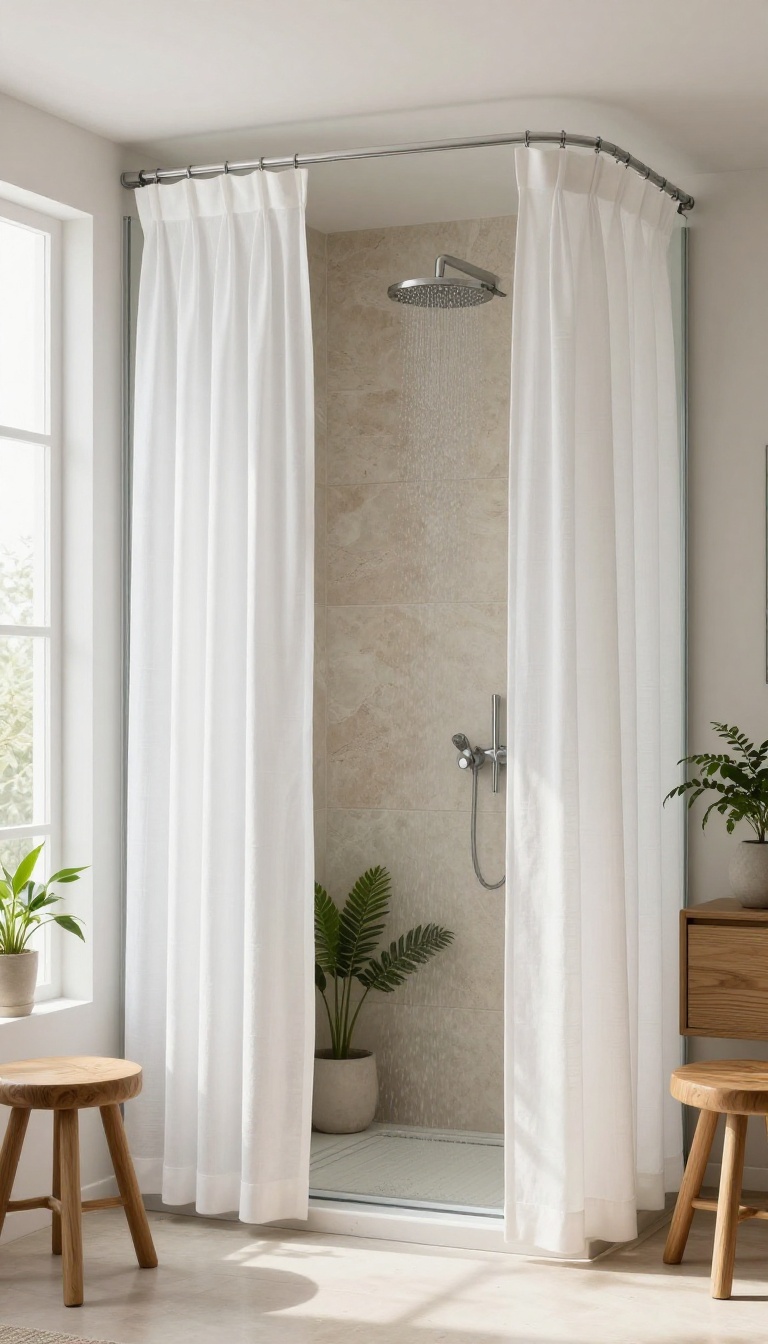 Walk-in shower with ceiling-height white linen curtain, creating a dramatic and airy look in a bright, modern bathroom.