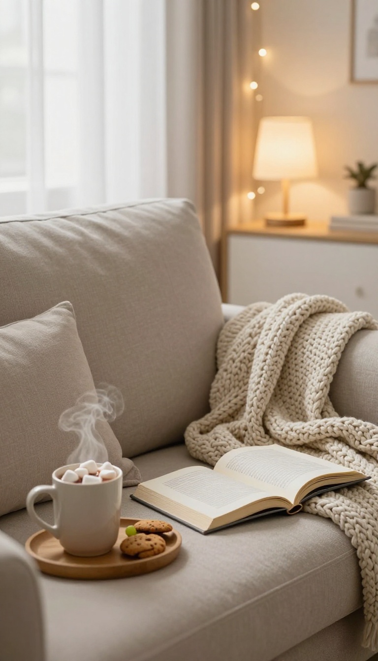 Cozy living room reading nook with blankets, pillows, an open book, and a mug of hot cocoa in warm lamp light