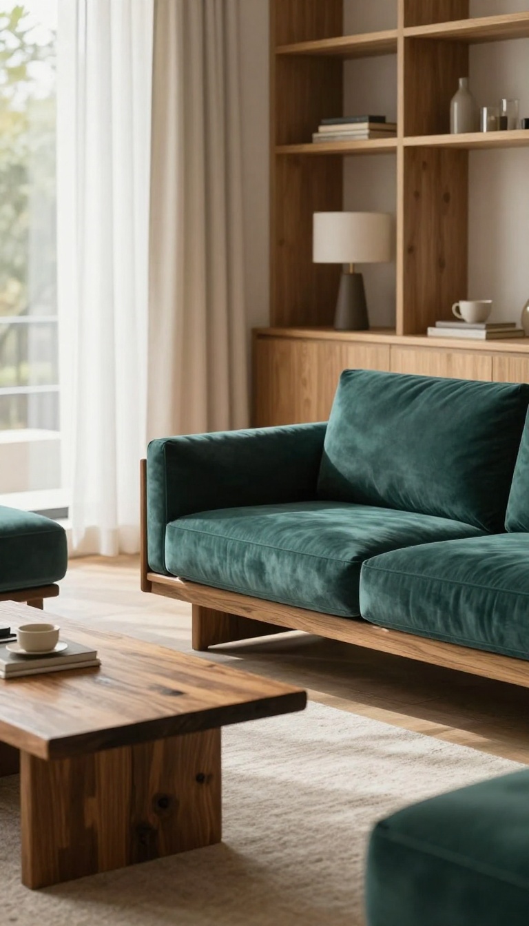 Warm modern living room with a teal velvet accent chair and teal ottoman paired with walnut and reclaimed wood furniture in bright natural light