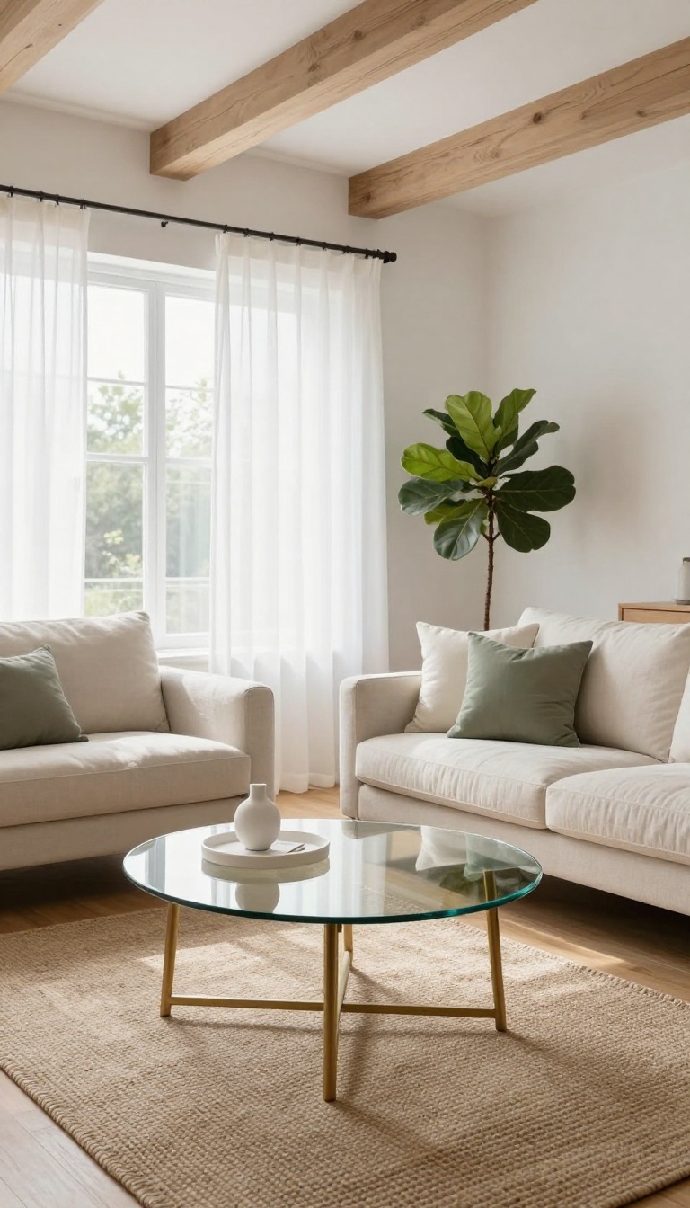 Bright low-ceiling living room with a round glass coffee table on a light wood floor, sheer curtains, and a linen sofa in natural daylight