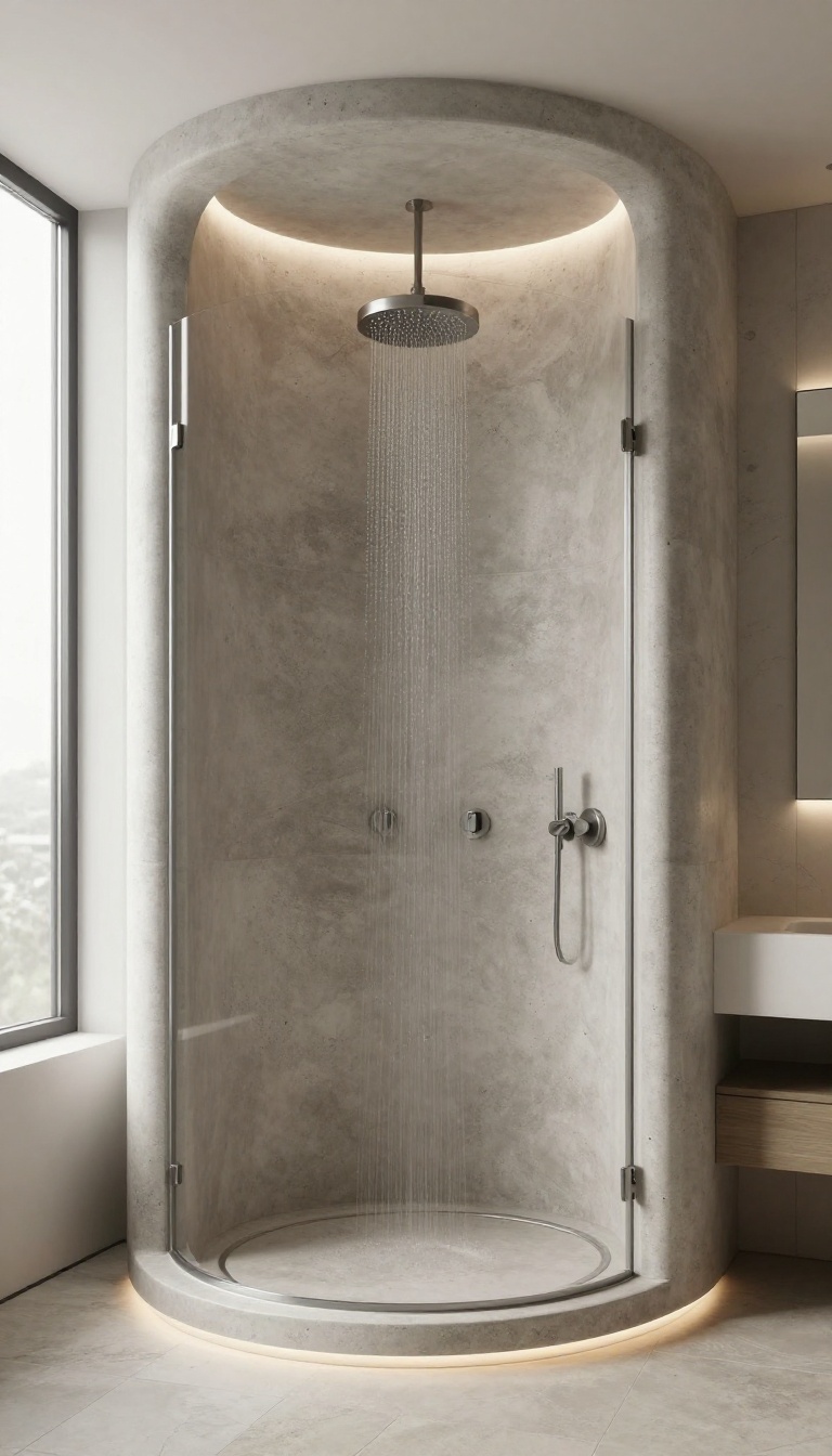 Modern bathroom with a curved concrete shower wall, no glass, sculptural design