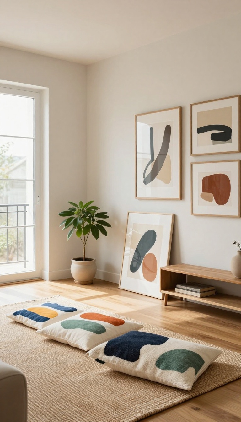 Bright entry living room with a gallery wall of abstract art and a large leaning canvas above a console table, styled with a rug, plant, and colorful pillows in natural light.