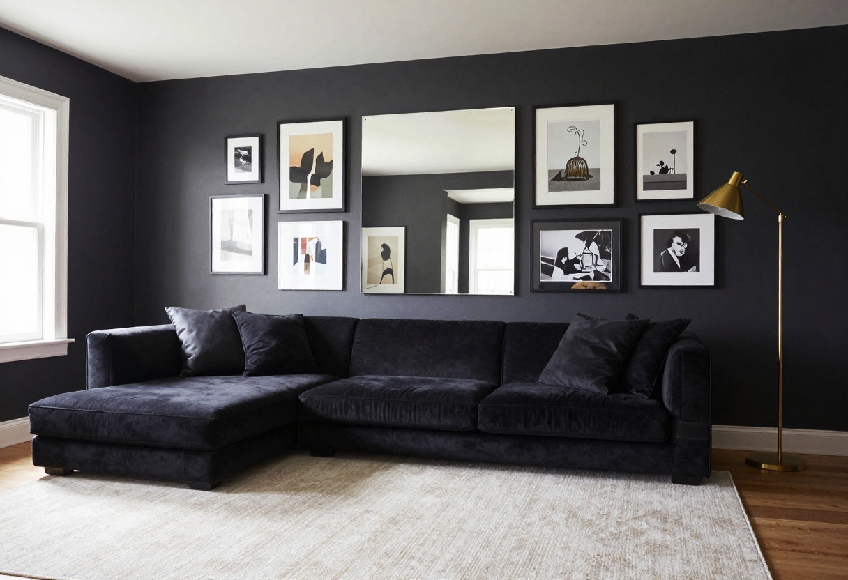 Modern black living room with charcoal walls, textured black sofa, light rug, brass lamp, and gallery wall