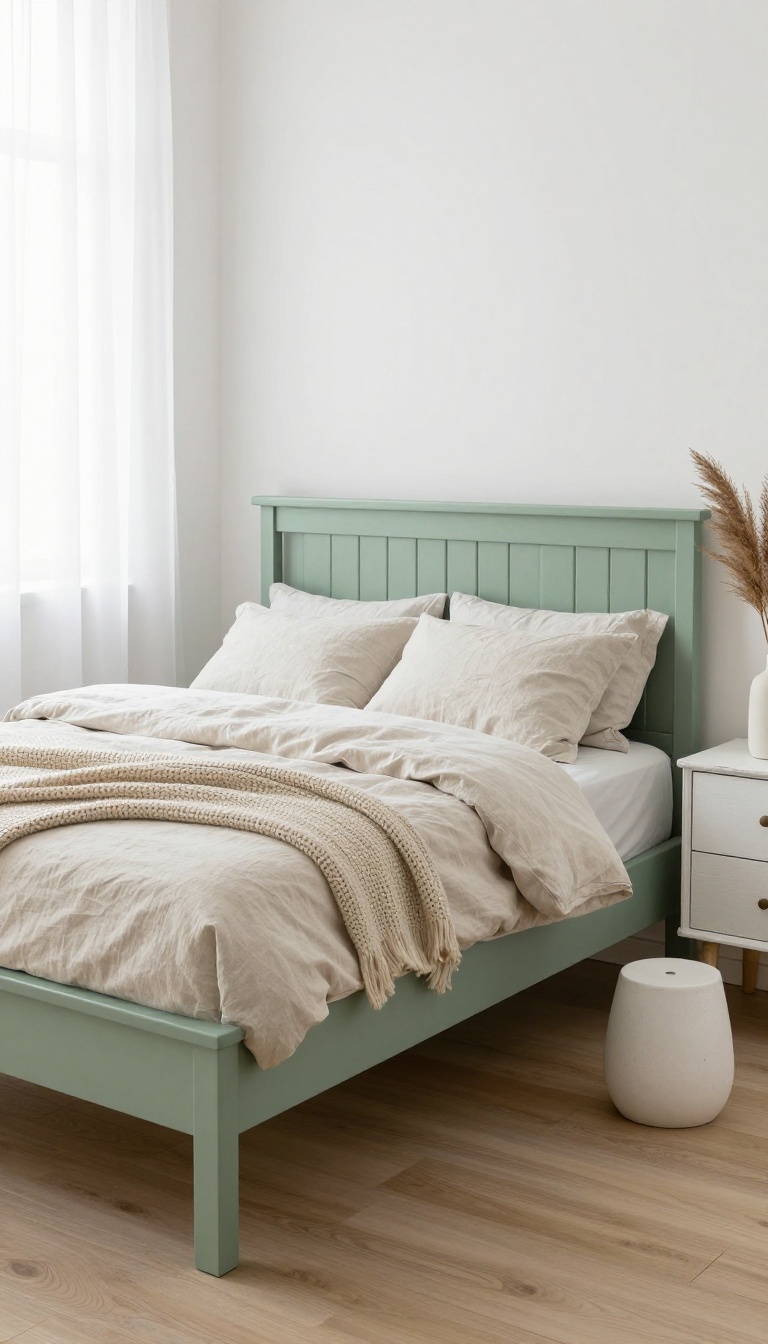 Sage green bed frame with whitewashed wood nightstands in a bright Scandinavian bedroom