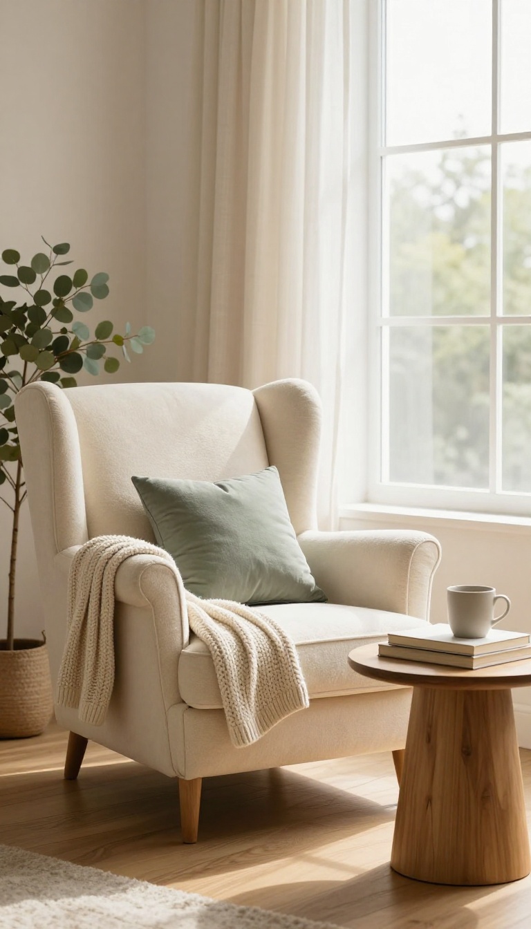 Cozy spa bedroom reading nook with a cream boucle wingback armchair, chunky knit throw, and small side table by a bright window