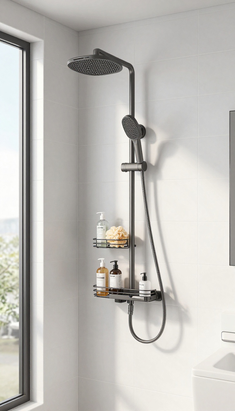 Tension pole caddy in a bright modern shower with organized toiletries