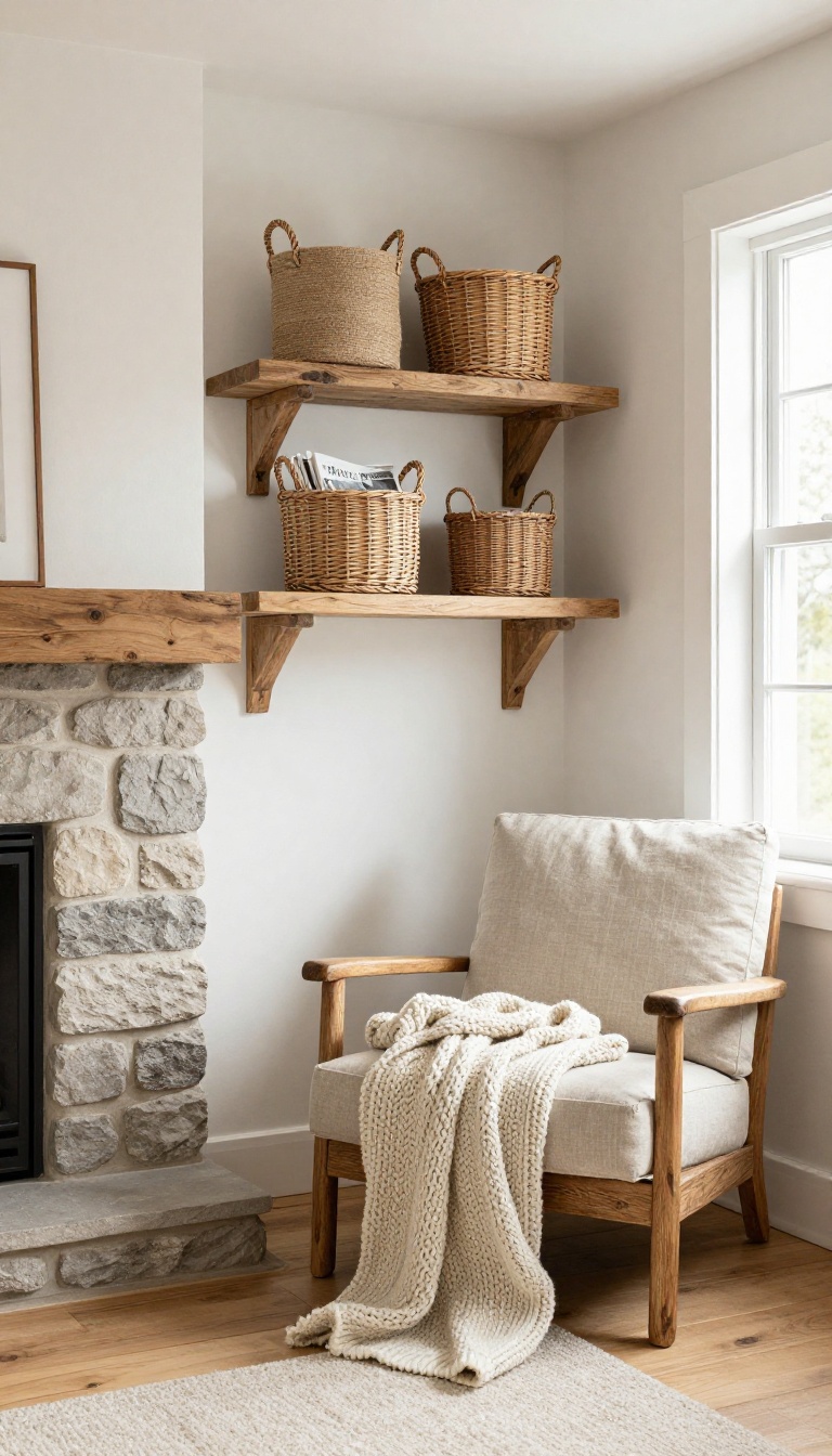 Cozy country living room corner with woven seagrass, jute, and wicker baskets used for storing blankets and everyday items beside a wooden armchair in bright natural light