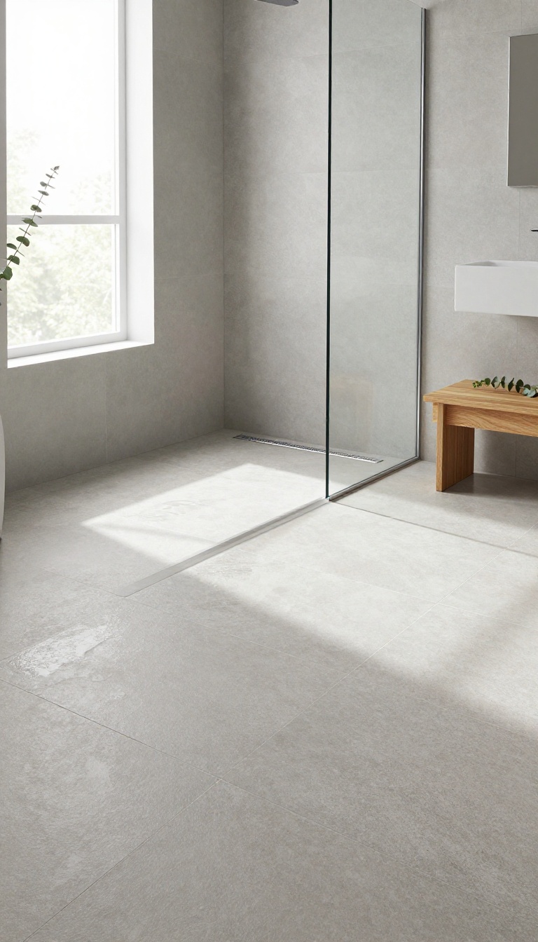 Modern master bathroom shower with a linear drain and large slip-resistant matte floor tiles