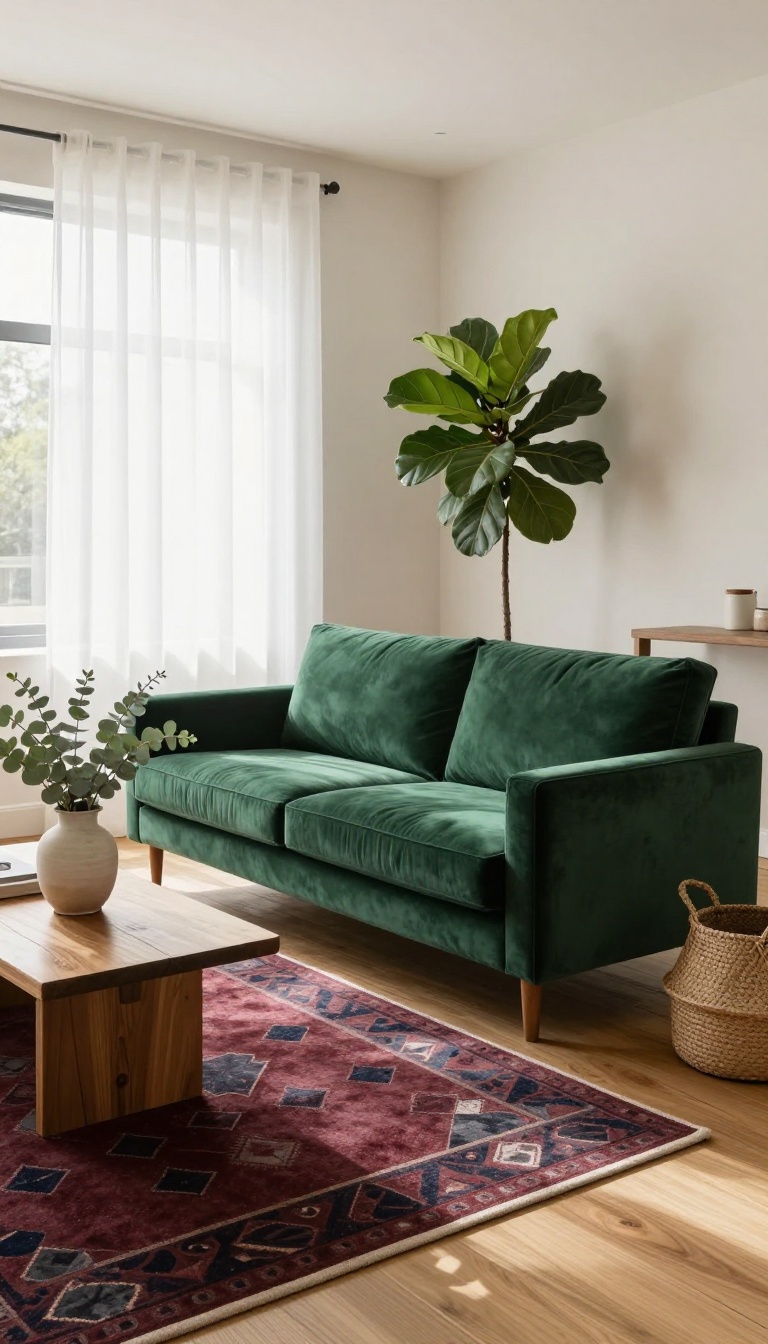 Green velvet couch styled on a bold patterned geometric rug in a bright living room with natural light