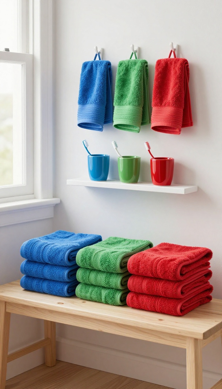 Three color-coded towel stacks and toothbrush cups in blue, green, and red in a bright shared kids' bedroom