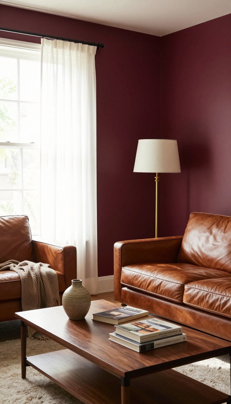 Living room with deep burgundy walls and brown leather sofa in warm natural light