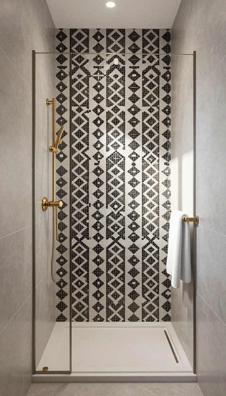Modern shower with a black and white diamond geometric mosaic accent wall surrounded by neutral gray field tile and brass fixtures in bright natural light