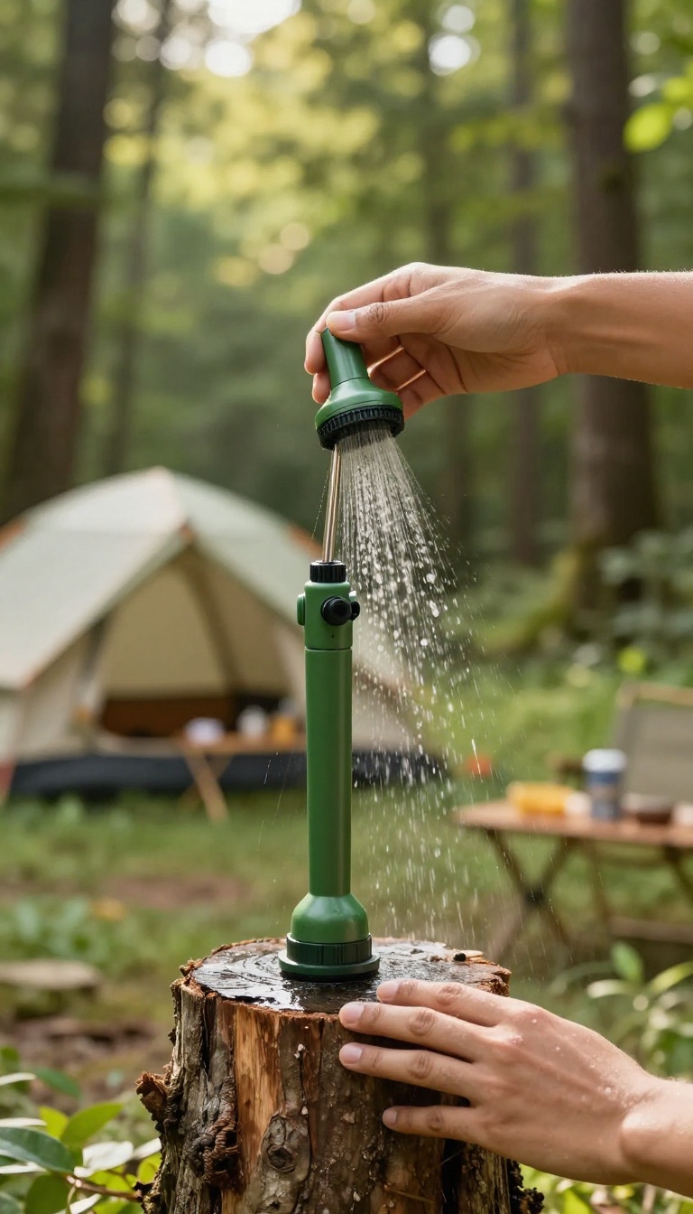 Green weed sprayer used as a portable camp shower in a forest campsite