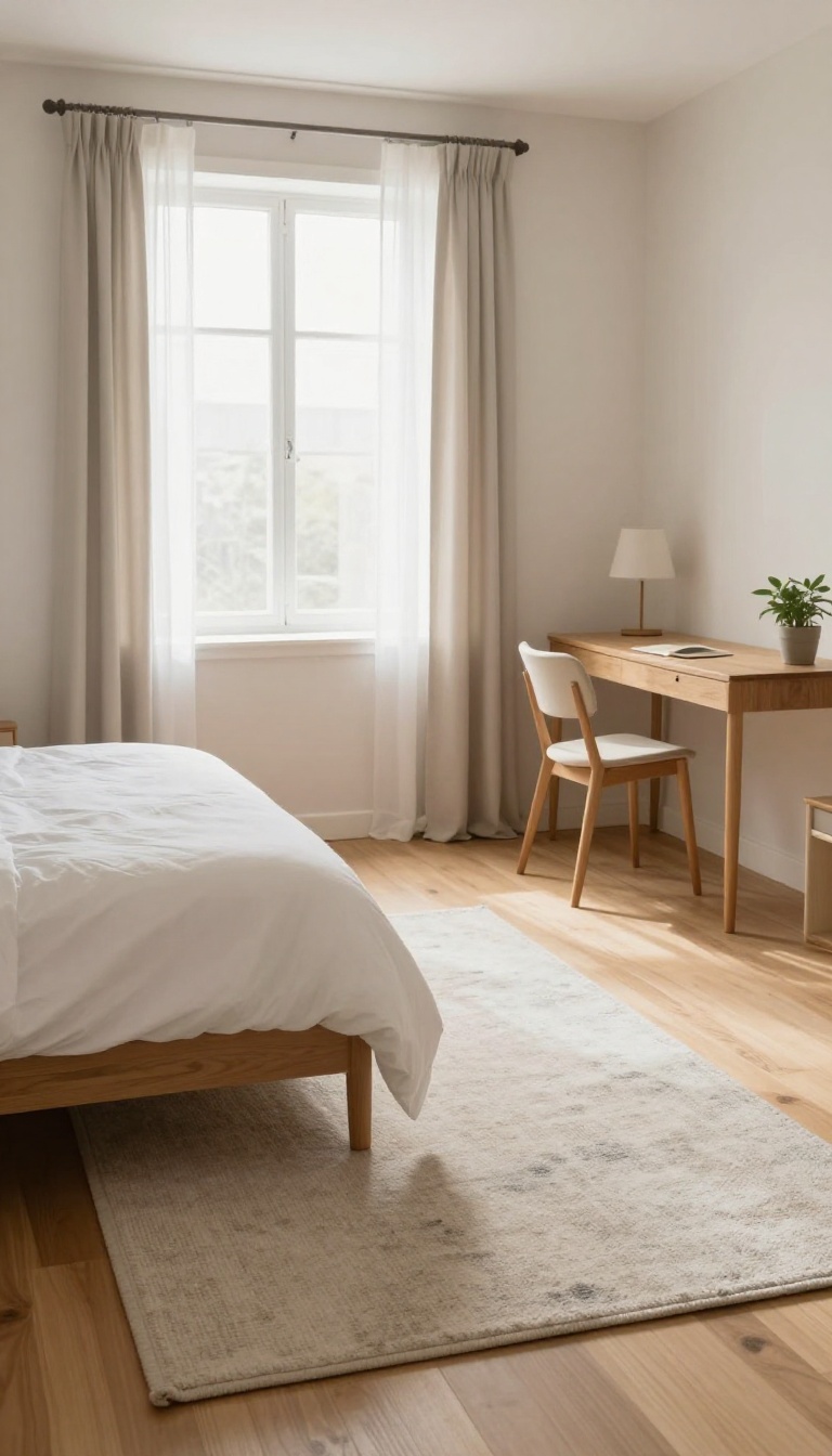 Small square bedroom with a plush cream rug under the bed and a smaller dark flat-weave rug under a desk, defining separate sleeping and study zones in bright natural light
