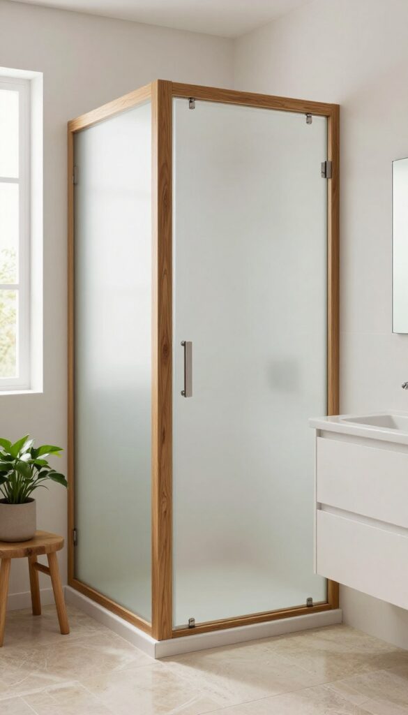 A modern bathroom with a frosted glass shower screen framed in warm oak wood, creating a natural and inviting atmosphere.