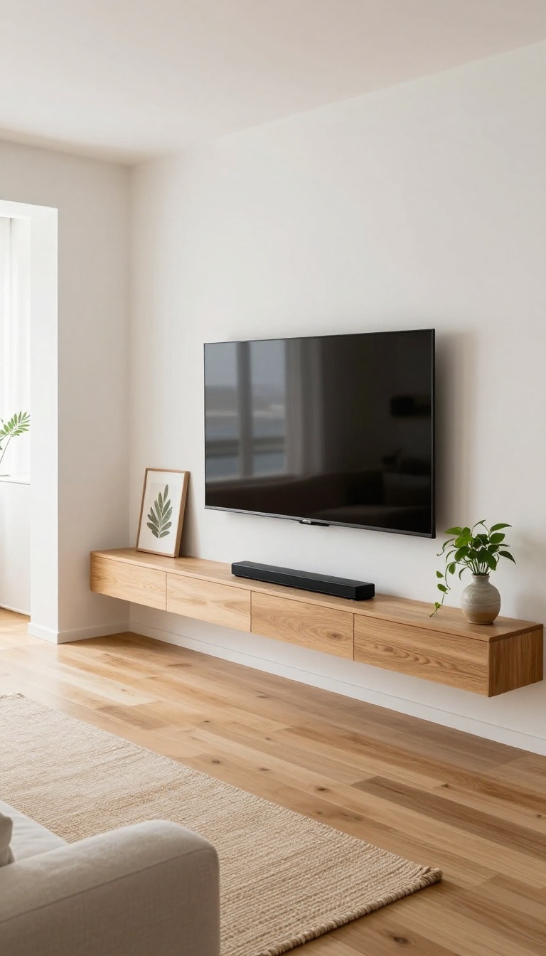 Bright living room with a long floating wood shelf under a wall-mounted TV holding a soundbar and decor, with an open clear floor