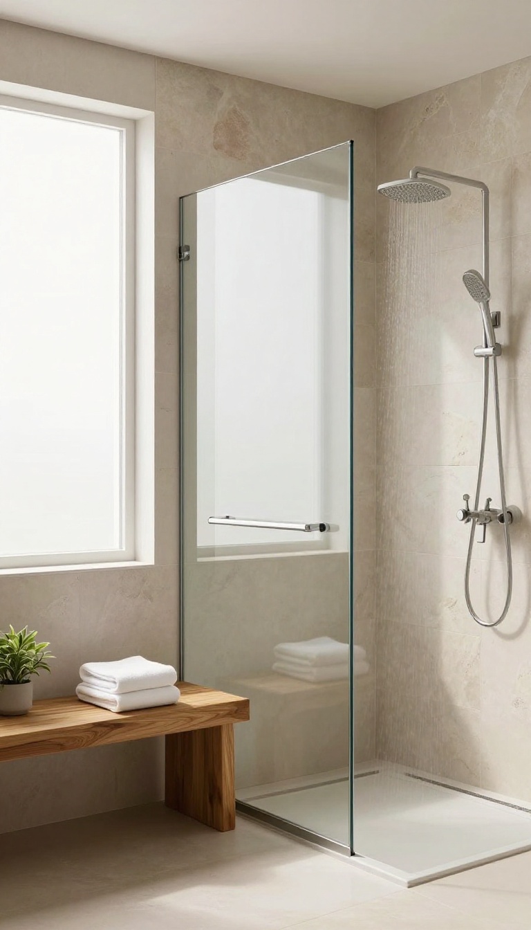 Modern glass panel shower with a built-in teak bench, natural light, and spa-like ambiance