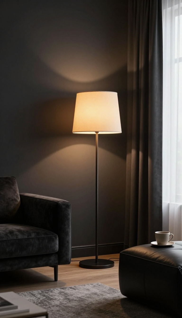 Modern black living room with a warm glowing floor lamp beside a velvet armchair, casting soft ambient light on dark walls