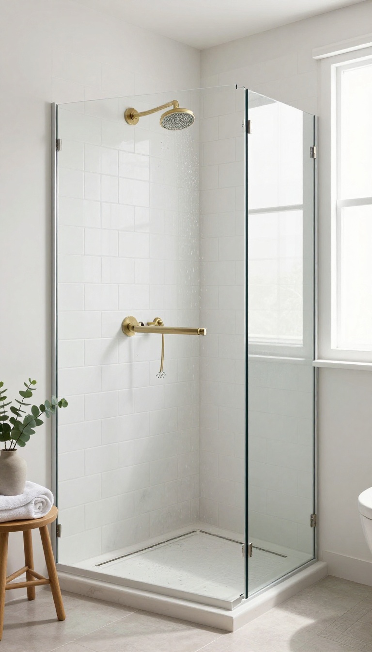 Curbless walk-in shower with a low tiled knee wall, linear drain, and bright natural light in a modern bathroom